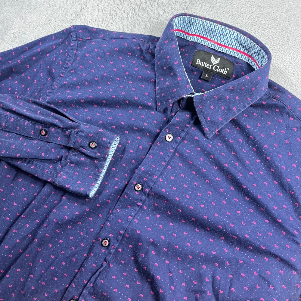 Butter Cloth Mens L Navy Blue Pink Chevron Print Long Sleeve Button Down Shirt